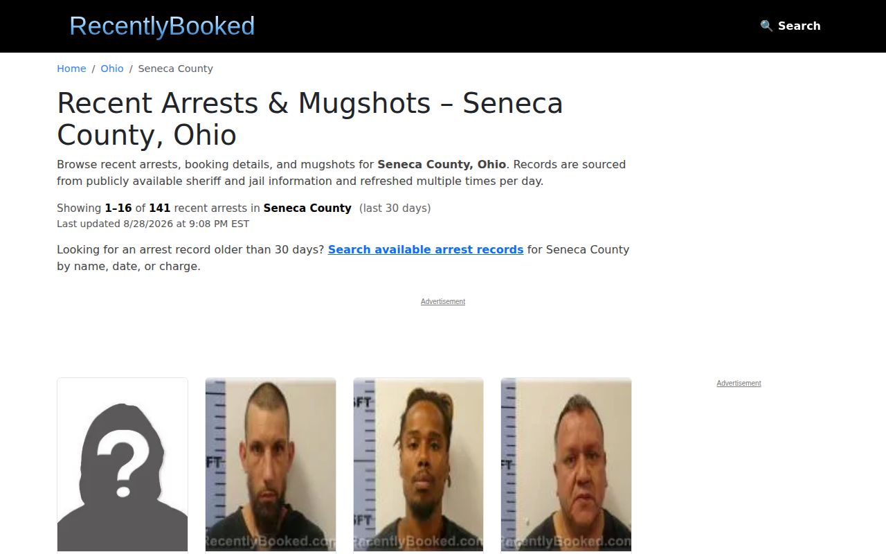RecentlyBooked Seneca County private listing screenshot for crime news source comparison