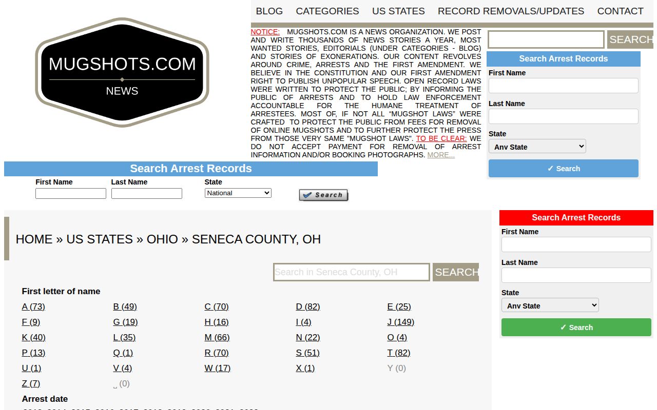 Mugshots.com Seneca County directory screenshot for unofficial crime news context