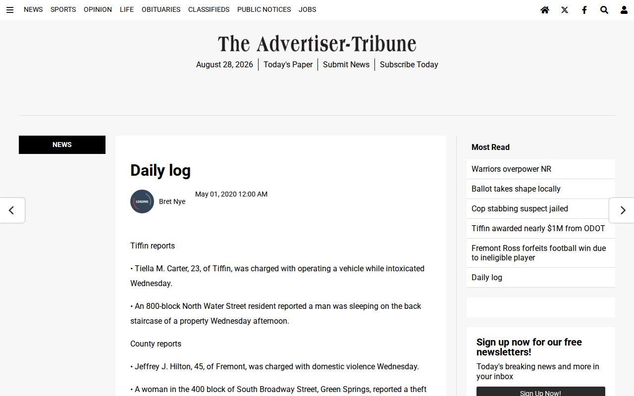 Advertiser-Tribune Daily Log screenshot for Seneca County crime news records context