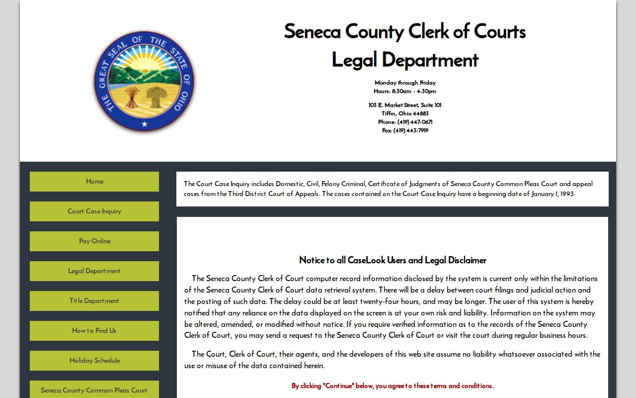 Seneca County Clerk of Courts case inquiry for post-booking court records