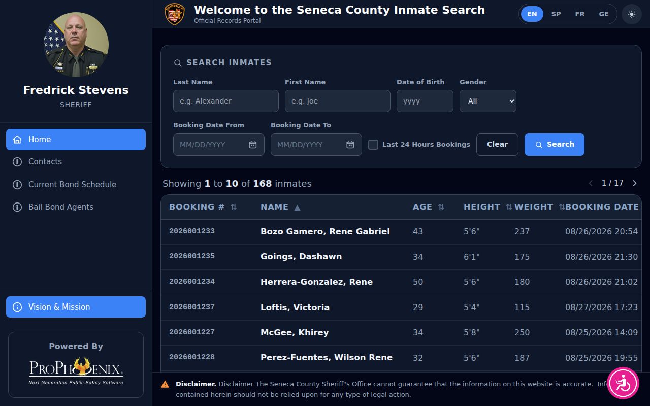 Seneca County official inmate search roster fields and recent-bookings filter
