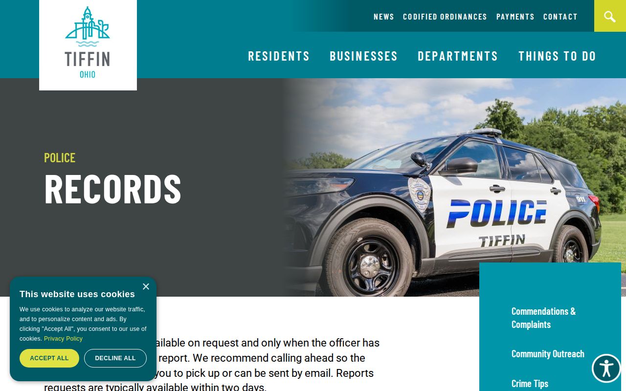 Tiffin Police Department records page for Tiffin arrest records